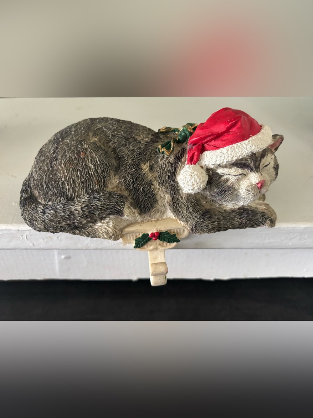 Festive Sleeping Cat Stocking Holder in Gray with Red Santa Hat